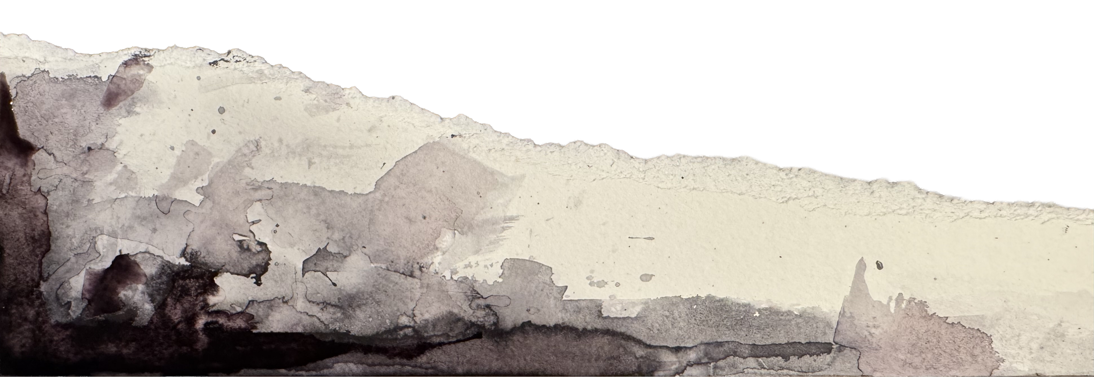An abstract watercolor painting featuring textured, layered washes of gray, black, and off-white tones on a white background.